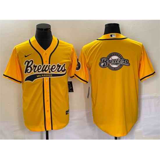 Men Milwaukee Brewers Yellow Team Big Logo Cool Base Stitched Jersey